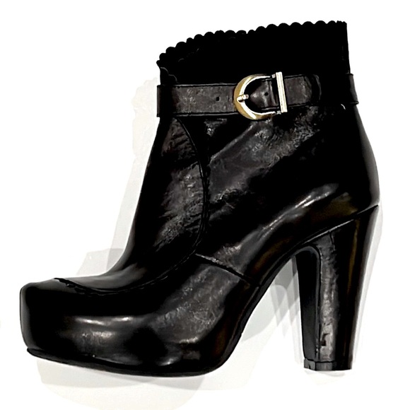 Miz Mooz Liv Black Leather Suede Buckle Platform Heeled Ankle Boots - Picture 8 of 10